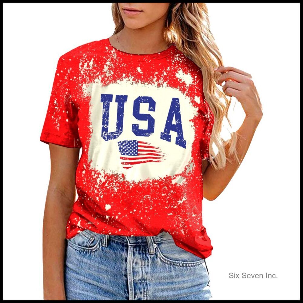 Vintage American Flag Graphic Tee Short Sleeve Patriotic Casual Top Women